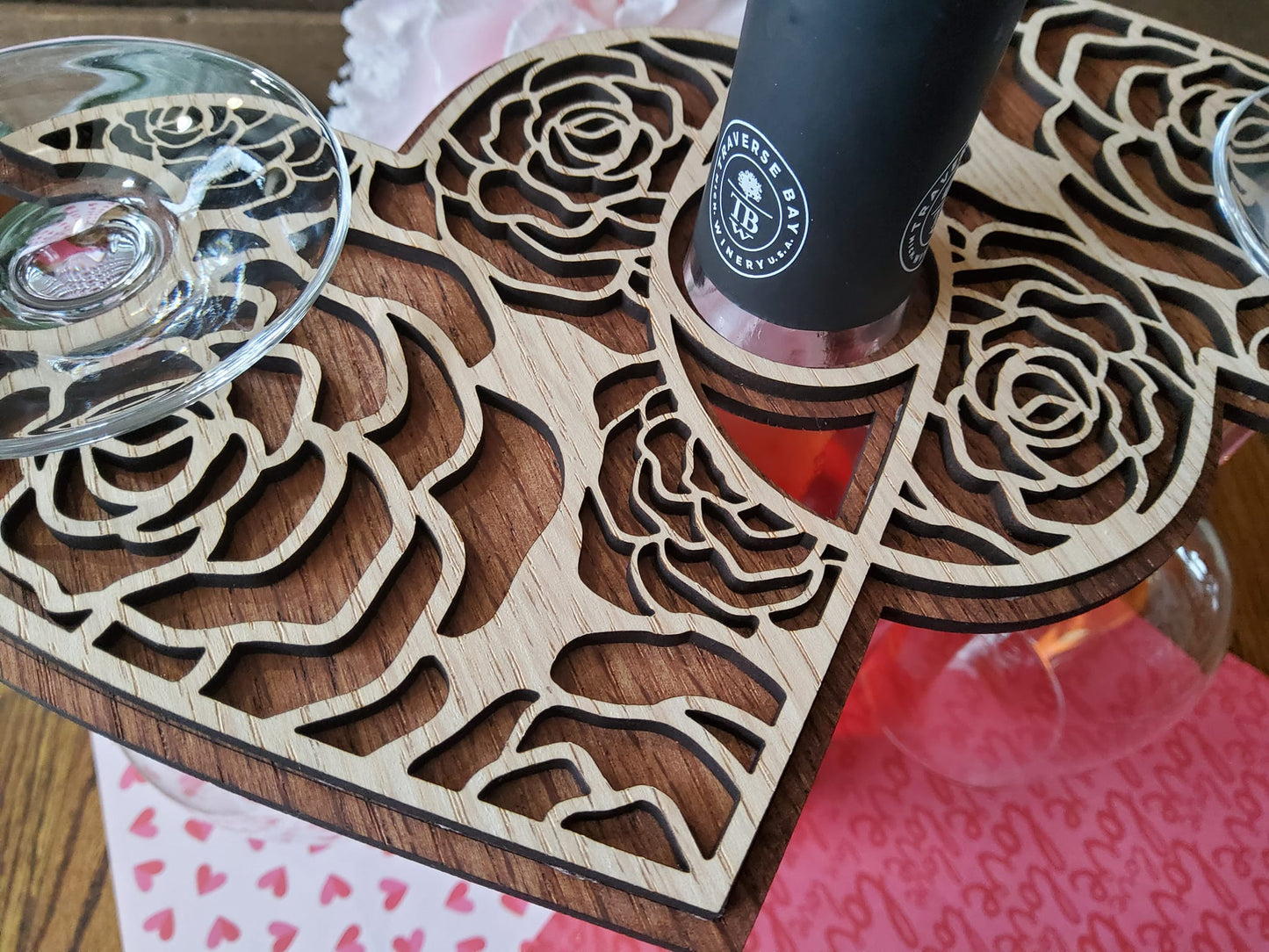 Heart Shaped With Roses Wine Bottle and Wine Glass Holder