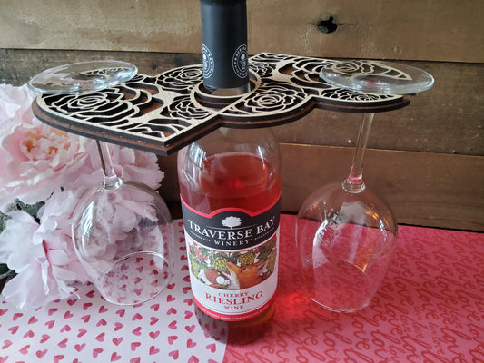 Heart Shaped With Roses Wine Bottle and Wine Glass Holder