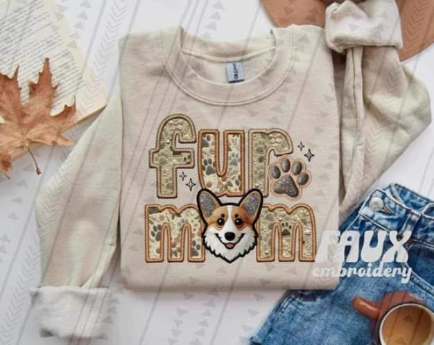 Custom Fur Mom faux embroidered T-SHIRT