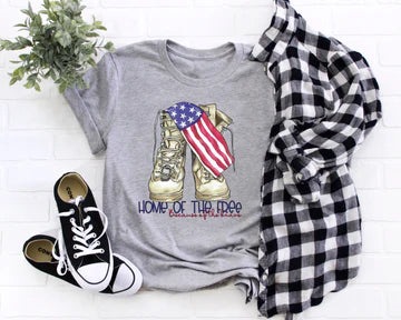 Home of the Free Because of the Brave Military Boots and Flag  T-SHIRT