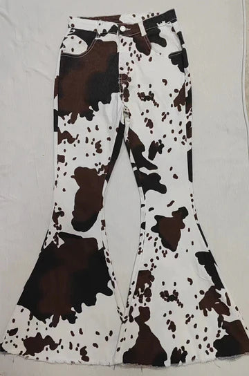 Women's Cow Print Flare Leg Denim Jeans Brown and White