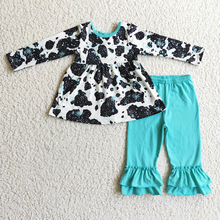 Turquoise Cow Print Boutique Leggings Pants Set