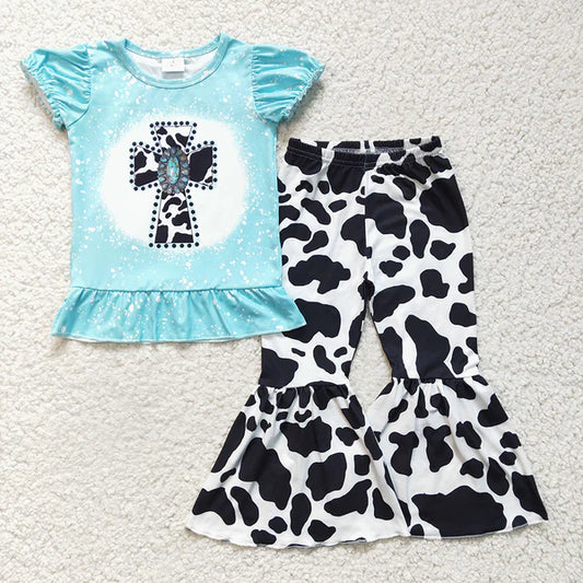 Turquoise Cow Print Jesus Cross Boutique Pants Set