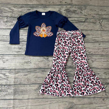 Thanksgiving Ruffle Sleeve Turkey Cheetah Boutique Pants Set